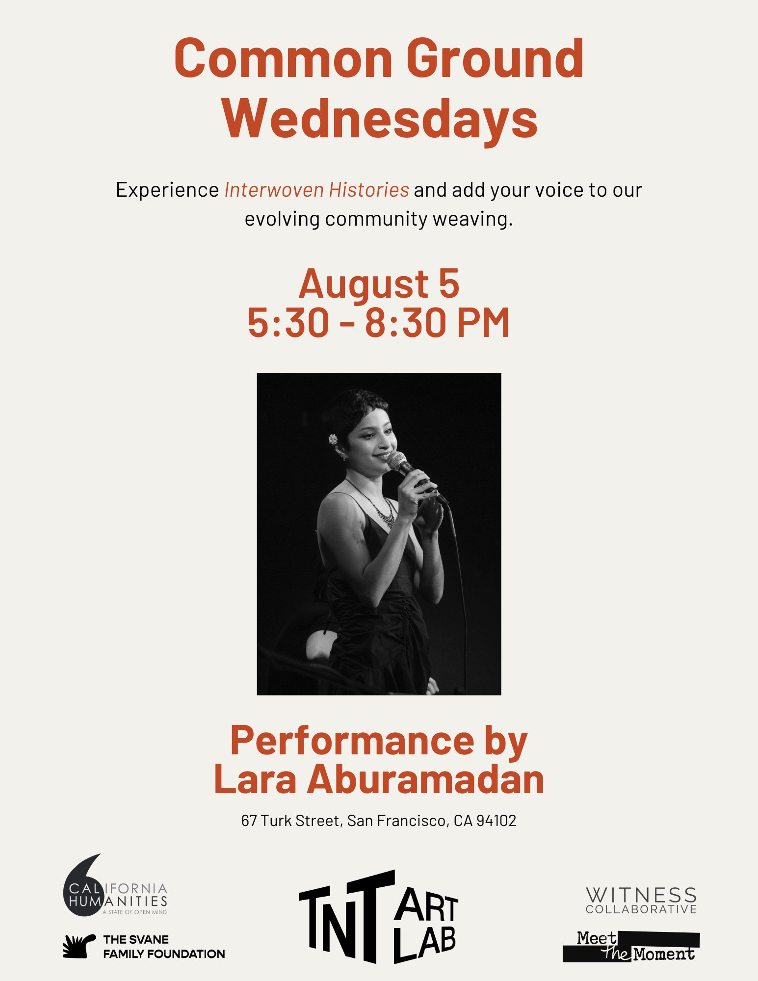 Common Ground Wednesdays flyer — performance by Lara Aburamadan, August 5