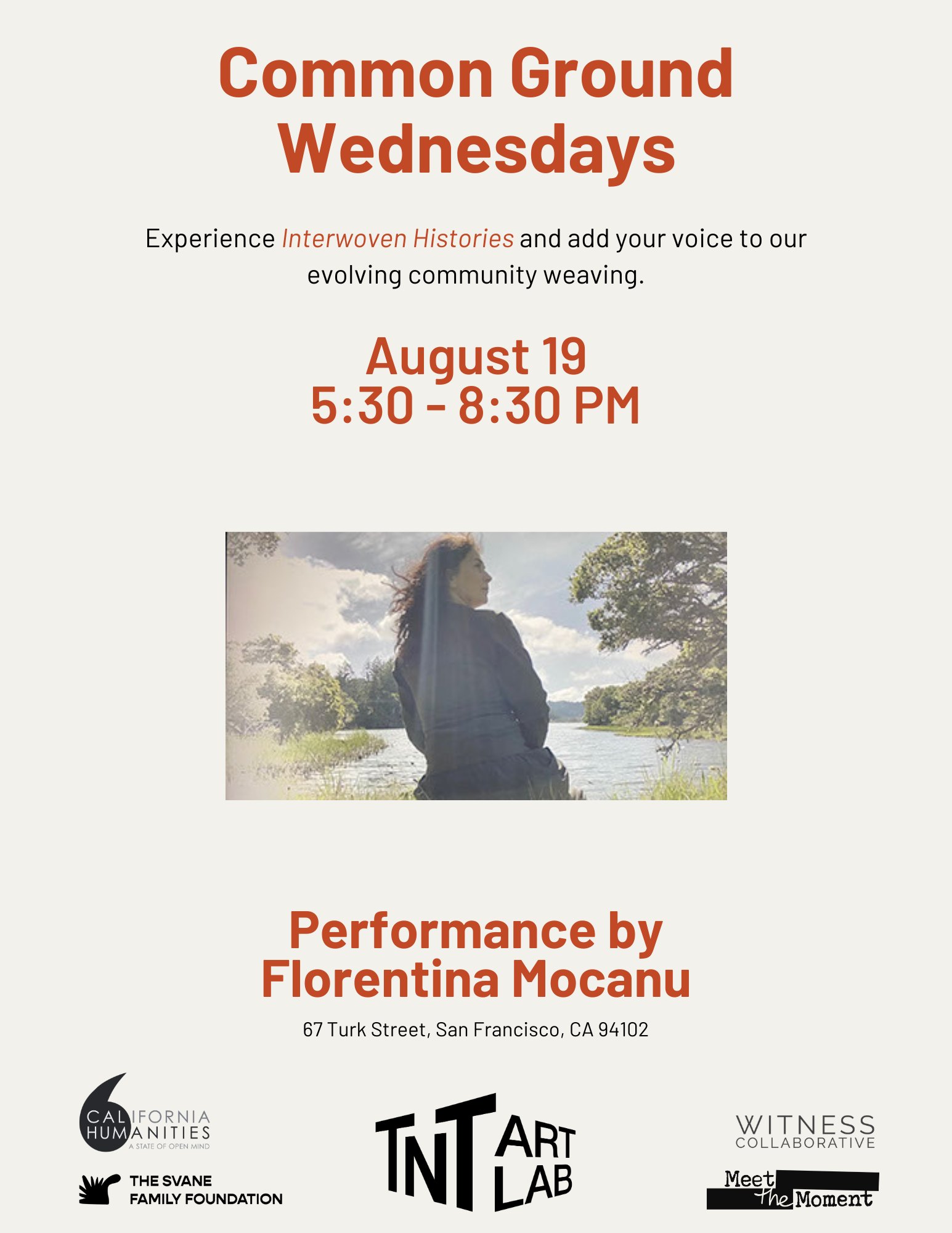 Common Ground Wednesdays flyer — performance by Florentina Mocanu, August 19